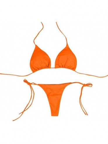 Sets Women's Sexy Halter Thong Tie Side Bottom Triangle Swimsuits Bandage Bikini Set Brazilian Swimwear Beachwear Orange - CM...
