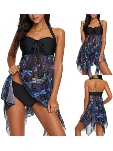 Racing Women Swimsuit Two Piece Tankini Mesh Swimdress Floral Printed with Briefs Bathing Suits - Black - CN194XLN4RA $20.22