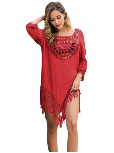 Cover-Ups Women's Crochet Swimsuit Cover Up Hollow Out Flare Sleeve Beach Swimwear Tassel Cardigan - 108-red - CI194K8GRUM $2...