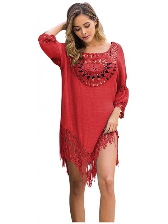 Cover-Ups Women's Crochet Swimsuit Cover Up Hollow Out Flare Sleeve Beach Swimwear Tassel Cardigan - 108-red - CI194K8GRUM $1...