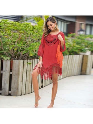 Cover-Ups Women's Crochet Swimsuit Cover Up Hollow Out Flare Sleeve Beach Swimwear Tassel Cardigan - 108-red - CI194K8GRUM $1...