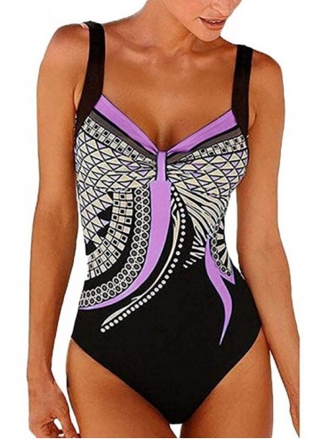 Sets Summer Women Backless Swimsuit Vintage Print Swimwear Beachwear Siamese Bikini Set - Purple - CB1954QIXRN $29.93