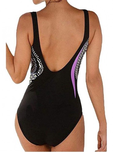 Sets Summer Women Backless Swimsuit Vintage Print Swimwear Beachwear Siamese Bikini Set - Purple - CB1954QIXRN $16.58