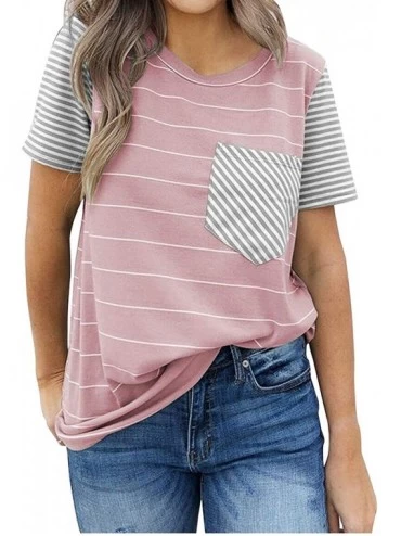 Rash Guards Womens Casual T Shirts Striped Short Sleeve Color Bloack Casual Blouse Tops with Pocket - Pink - CT18UKYSQYW $21.11