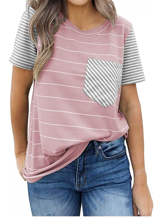 Rash Guards Womens Casual T Shirts Striped Short Sleeve Color Bloack Casual Blouse Tops with Pocket - Pink - CT18UKYSQYW $14.07