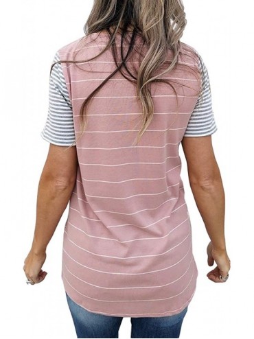 Rash Guards Womens Casual T Shirts Striped Short Sleeve Color Bloack Casual Blouse Tops with Pocket - Pink - CT18UKYSQYW $14.07