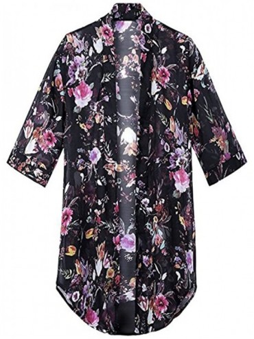 Cover-Ups Women's Floral Chiffon Kimono Cardigan Summer Blouse Swimsuit Beach Cover up - Black - CA18DQWKC4Q $29.85