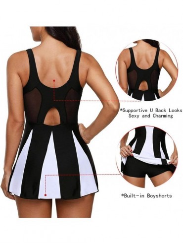 Racing Womens One Piece Retro Swimsuits Swim Dress Cover Up Tummy Control Swimwear Boyleg Bathing Suits for Women - Black & W...