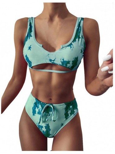 Sets Women Print Push-Up Padded Bra Bikini Set Tie-dye Split Swimwear Bathing Suit Colorful Bandeau Swimsuit - Green - C0199Y...