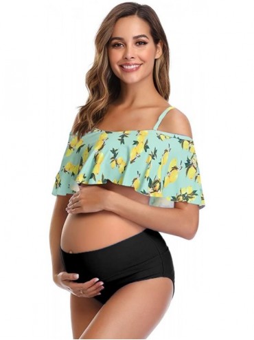 Sets Womens Maternity Bikini Flounce Printed High Waisted Two Piece Swimsuit - Lemon Green - C4198G7A87M $51.12