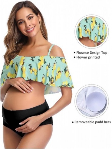 Sets Womens Maternity Bikini Flounce Printed High Waisted Two Piece Swimsuit - Lemon Green - C4198G7A87M $33.85
