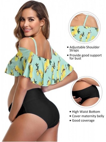Sets Womens Maternity Bikini Flounce Printed High Waisted Two Piece Swimsuit - Lemon Green - C4198G7A87M $33.85