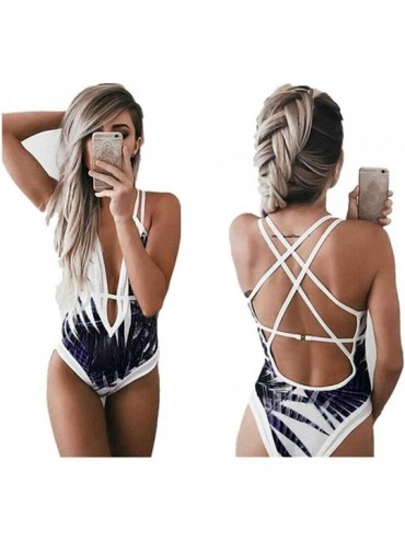 One-Pieces Women's Leaves Print Back Cross Criss Bandage One Piece Beach Swimwear Monokini - Purple - CW18CCGA6NU $25.32