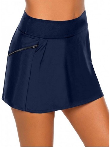 Tankinis Women's Pleated Swim Skirt Mid Waist Swimsuit Bottom Swimwear - Pocket Zip Navy - CT194Q5GCE9 $35.69
