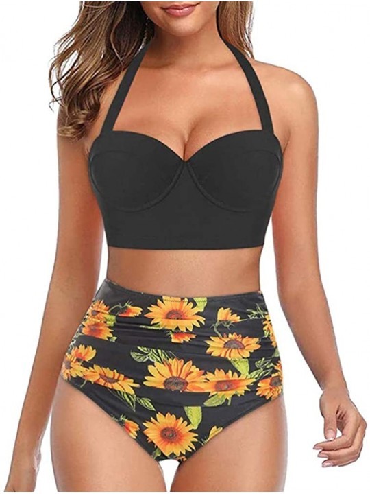 Sets Women Swimsuit Sunflower High Waisted Bottom Swimwear Two Piece Summer Halter Bikini Bathing Suit - Mutil-a - C9198OU767...