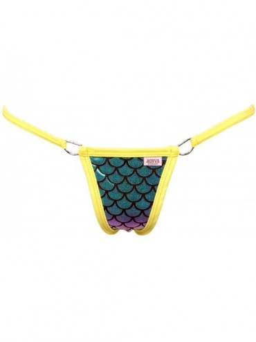 Bottoms Scale Lamé Triangle Back Thong Panty w/D-Ring Accents - Neon Yellow - CA18G7QKIR5 $25.55