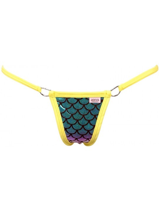 Bottoms Scale Lamé Triangle Back Thong Panty w/D-Ring Accents - Neon Yellow - CA18G7QKIR5 $11.39
