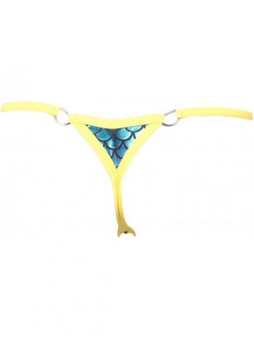 Bottoms Scale Lamé Triangle Back Thong Panty w/D-Ring Accents - Neon Yellow - CA18G7QKIR5 $11.39