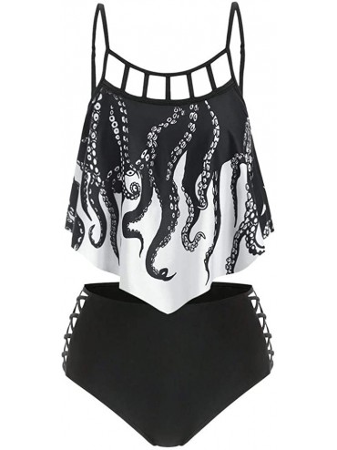 Sets Two Pieces High Waisted Swimsuit Push-Up Padded Print Flounce Crisscross Tankini Bikini Set Swimwear - Black - CO198Y0O5...
