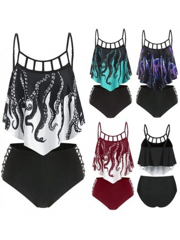 Sets Two Pieces High Waisted Swimsuit Push-Up Padded Print Flounce Crisscross Tankini Bikini Set Swimwear - Black - CO198Y0O5...