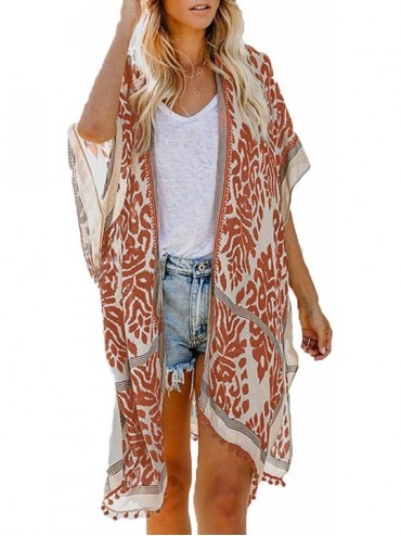 Cover-Ups Womens Fashion Print Kimono Tassel Casual Cardigan Loose Cover up - Orange-278 - CW18S58XM8Q $39.45
