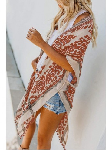 Cover-Ups Womens Fashion Print Kimono Tassel Casual Cardigan Loose Cover up - Orange-278 - CW18S58XM8Q $17.29