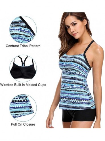Tankinis Women's Printed Tankini Swimsuit Cross Back Two Piece Swimwear Set - Blue Pattern - C218NKLZSUO $21.85