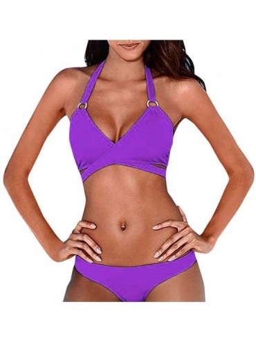 Sets Womens Steel Ring Halter Solid Push-up Thong Bikini 2-Pieces Bathing Suit - Purple - C818O3ZENX7 $26.30