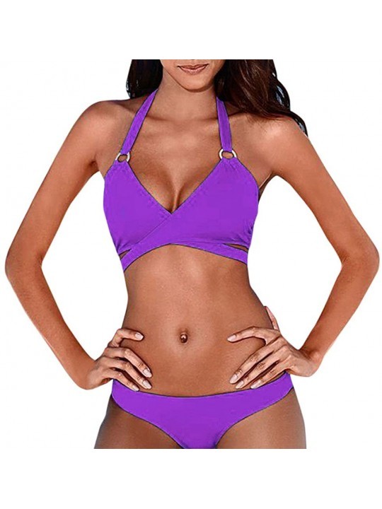 Sets Womens Steel Ring Halter Solid Push-up Thong Bikini 2-Pieces Bathing Suit - Purple - C818O3ZENX7 $11.95