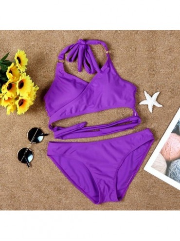 Sets Womens Steel Ring Halter Solid Push-up Thong Bikini 2-Pieces Bathing Suit - Purple - C818O3ZENX7 $11.95