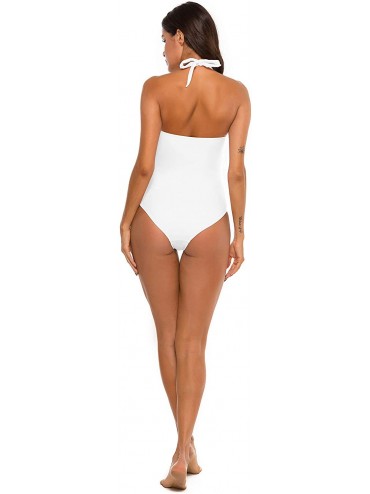 One-Pieces Womens One Piece Swimsuit Tummy Control Bathing Suit Halter Neck Ruched Swimwear - White - CE1936SR5E4 $32.02