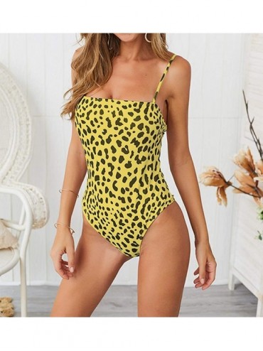 One-Pieces Women's High Cut Leopard Print One Piece Monokini Swimsuits Low Back Bathing Suits - Yellow - CA193OLIHMD $18.53