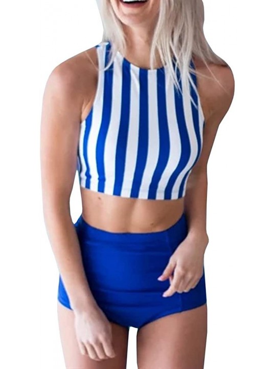 Tankinis Womens Athletic Tankini Swimsuits Two Piece Striped Racerback Top High Waisted Bottom Sport Bathing Suit - Blue - C6...