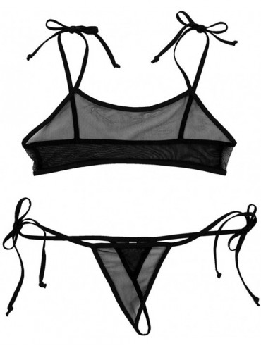 Sets Women's Mesh Mini Bikini Self-tie Bra Tops with G-String Thong Bathing Suit Swimwear - Black - CH19CMK2GW5 $21.42