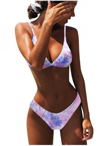 Sets Women Mid Waisted Bikini Textured High Cut Swimsuits 2 Piece-Sexy Tie-Dye Print Bikini High Cut Swimsuit - Purple - C919...