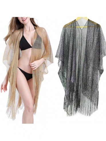 Cover-Ups Cardigan- Womens Summer Metallic Glitter Solid Color Swimsuit Cover Up Long Tassels Asymmetric Hem Kimono Cardigan ...