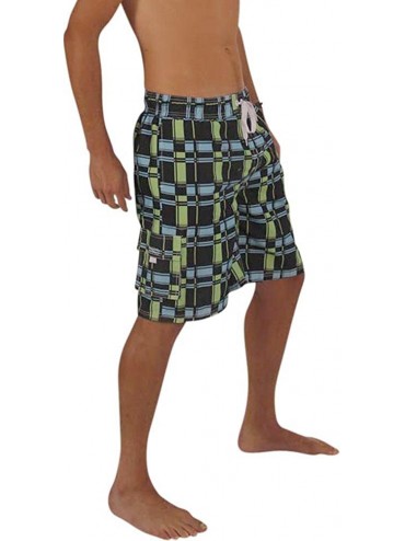 Trunks Mens Swim Trunks - Watershort Swimsuit - Cargo Pockets - Drawstring Waist - Black Aqua Plaid - CF1869U3SDE $16.37