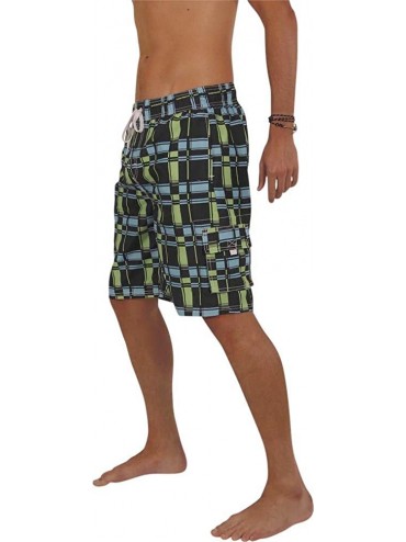 Trunks Mens Swim Trunks - Watershort Swimsuit - Cargo Pockets - Drawstring Waist - Black Aqua Plaid - CF1869U3SDE $16.37