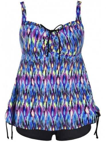 Sets Women's Plus Size Swimwear Floral Tankini Set Drawtring Modest Two Piece Swimsuit - Blue Pop Pattern - CZ180R2KALS $54.44