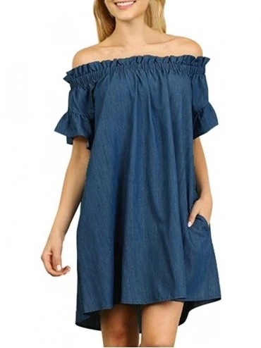 Cover-Ups Mini Dresses for Womens- Denim Off Shoulder Ruffle Short Sleeve Casual Sexy Solid - Blue - CH18C5ZDHLO $35.64