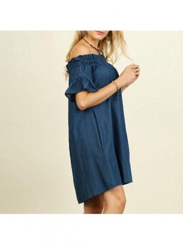 Cover-Ups Mini Dresses for Womens- Denim Off Shoulder Ruffle Short Sleeve Casual Sexy Solid - Blue - CH18C5ZDHLO $15.74
