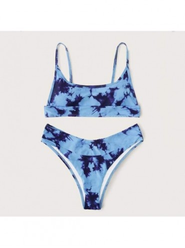 Sets Bikini Swimwear Women's Tie-Dye Printed High Waisted Knot Front Summer 2 Piece Bikini Bathing Suit - G-blue - C319038DAT...
