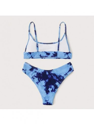 Sets Bikini Swimwear Women's Tie-Dye Printed High Waisted Knot Front Summer 2 Piece Bikini Bathing Suit - G-blue - C319038DAT...