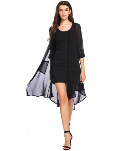 Cover-Ups Women 3/4 Sleeve Split Back Sheer Chiffon Maxi Kimono Long Cover Up Blouse - Black - CZ184YLY2L8 $55.67
