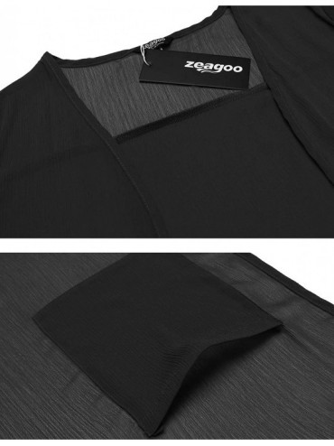 Cover-Ups Women 3/4 Sleeve Split Back Sheer Chiffon Maxi Kimono Long Cover Up Blouse - Black - CZ184YLY2L8 $28.57