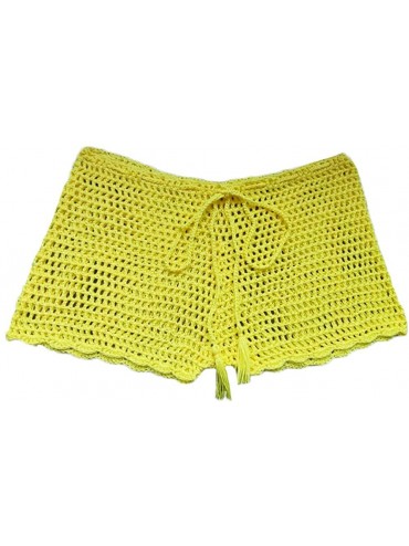 Cover-Ups Women's Fishnet Mesh Shorts See Through Slim Fit Crochet Cover Up Pants for Swimwear - Yellow - CL18ROXXNGX $22.69