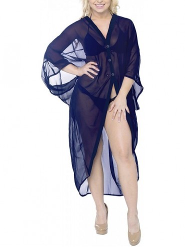 Cover-Ups Women's Beach Blouse Tops Kimono Cardigan Bikini Cover Ups Solid Plain - Navy Blue_o981 - CQ12N4TLT49 $46.24