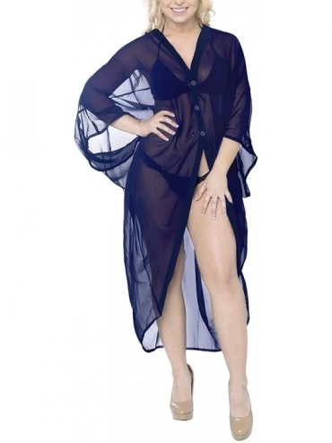 Cover-Ups Women's Beach Blouse Tops Kimono Cardigan Bikini Cover Ups Solid Plain - Navy Blue_o981 - CQ12N4TLT49 $46.24