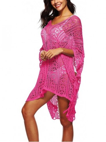 Cover-Ups Women's Crochet Lace Hollow-Out Cover up Bikini Swimwear Bathing Suit Beachwear - Fuchsia - CA18LU3I8SR $29.88