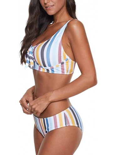 Sets Women's Bikini Set Two Piece Colorful Striped Halter Bandage Bowknot Padded Sexy Swimsuit - White - CR18RL8C9XY $9.91